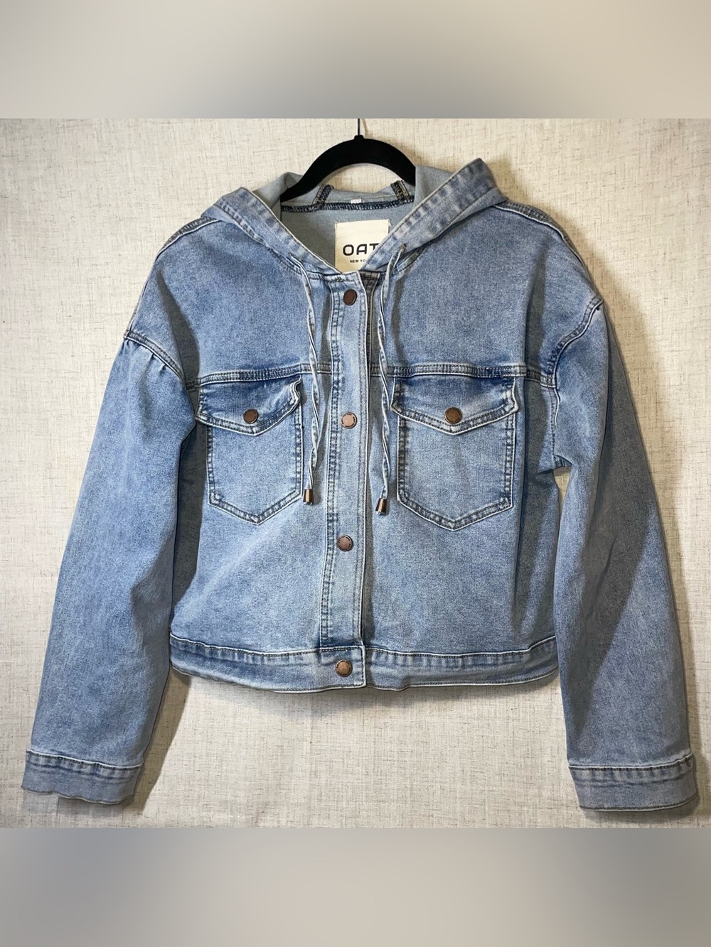 OAT New York Women’s S Hooded Cropped Denim Jacket Light Wash Boxy Relaxed Fit